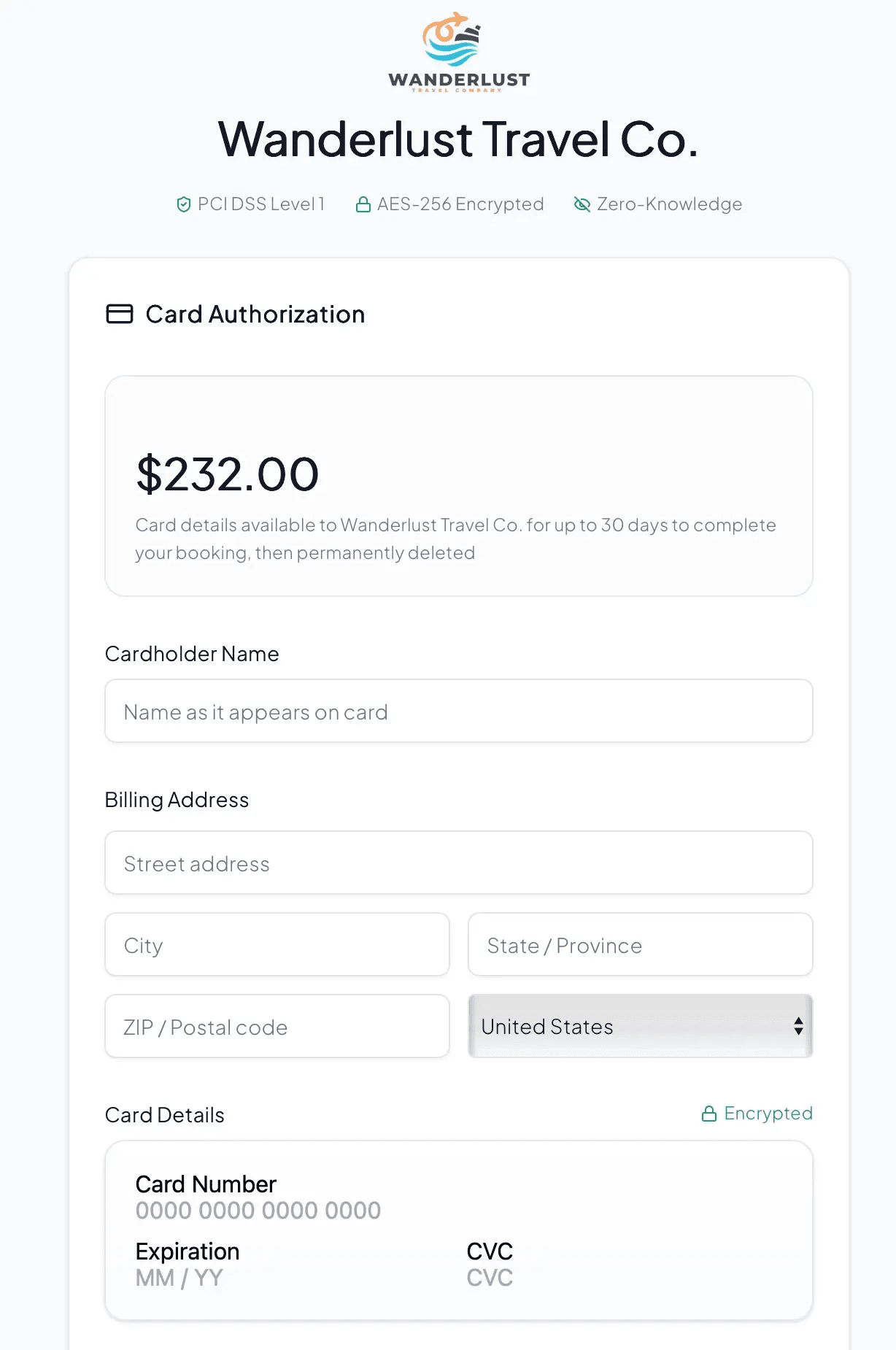 Branded card authorization form with PCI compliance badges, AES-256 encryption, and secure payment collection