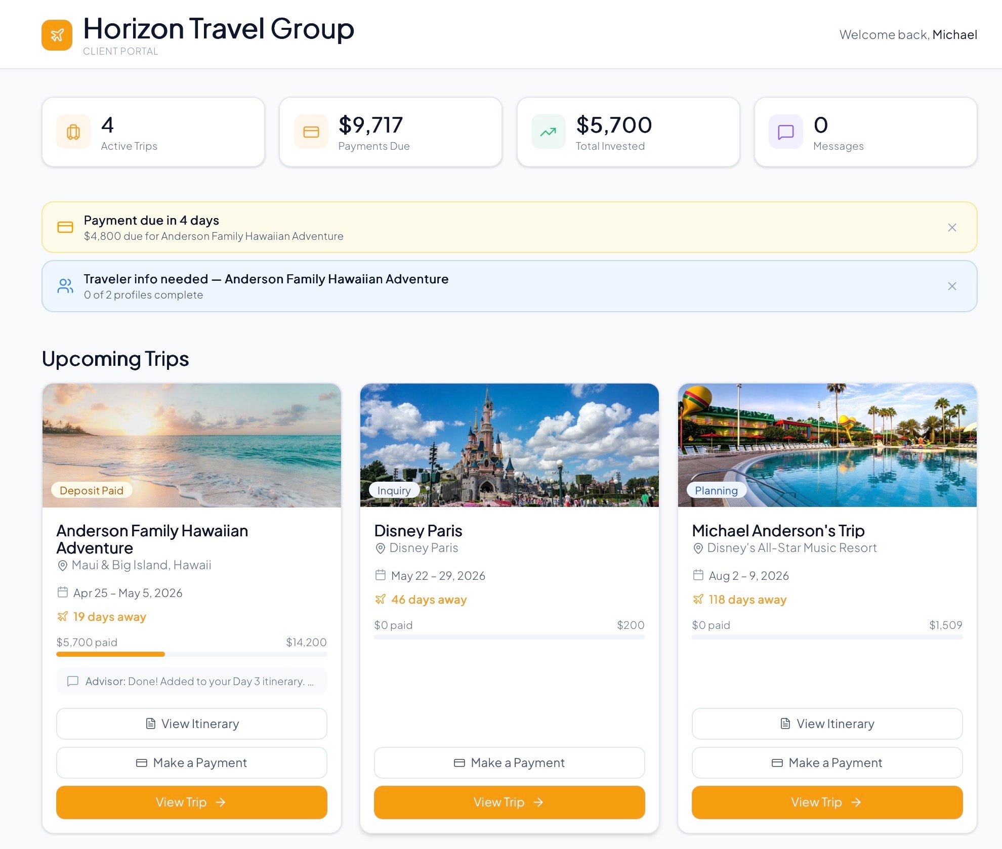 JourneyFuse client portal showing upcoming trips with payment tracking, itinerary access, and traveler action items
