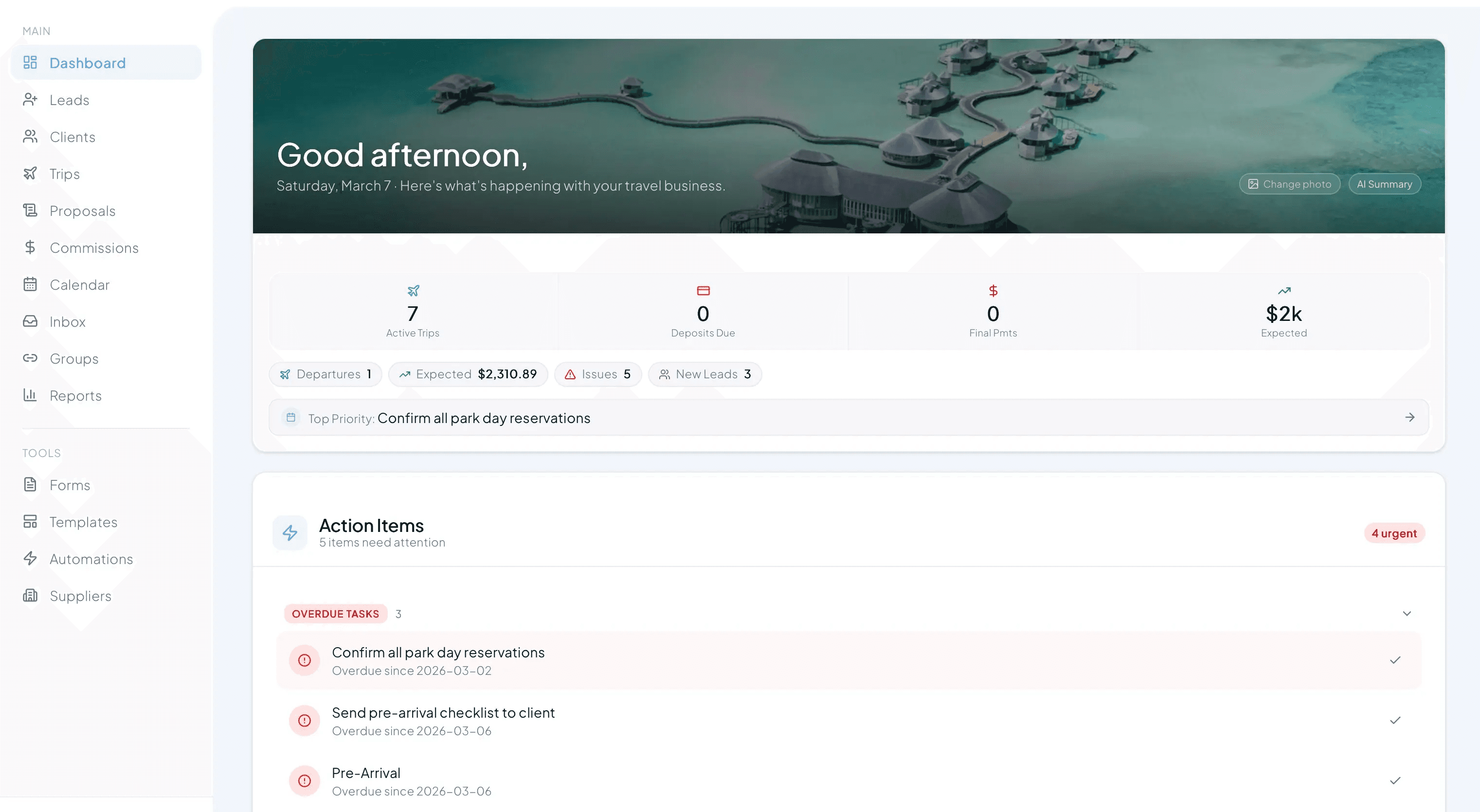 JourneyFuse dashboard showing operations, trips, commissions, and actions for a travel agency