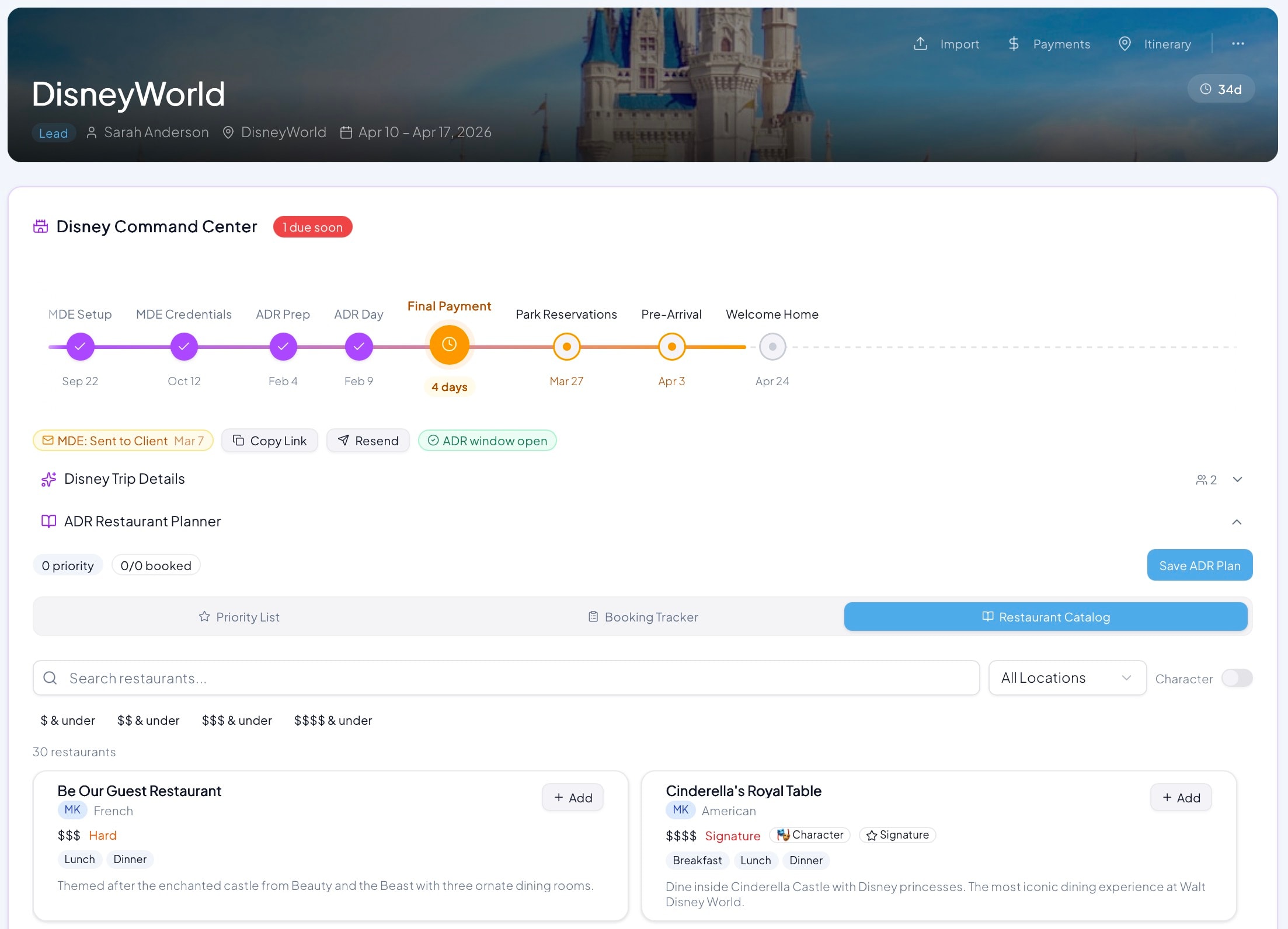 Disney World Trip Command Center showing milestone timeline from MDE Setup through Welcome Home, with ADR restaurant planner and dining catalog