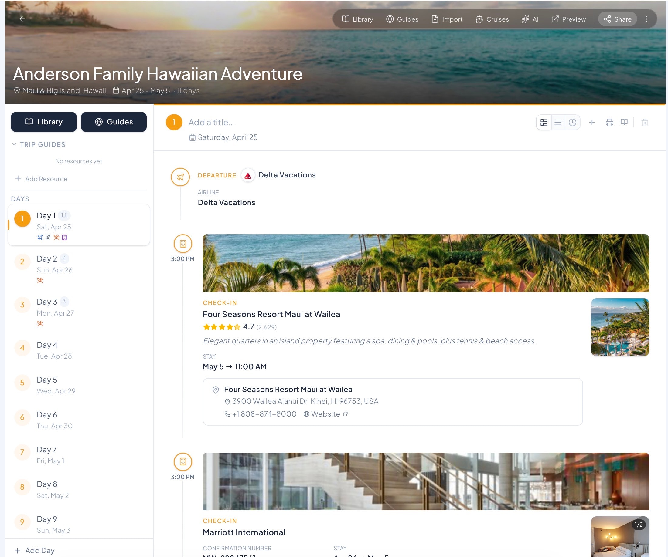 JourneyFuse itinerary builder showing day-by-day Hawaiian vacation plan with hotel check-ins, activities, and destination photos