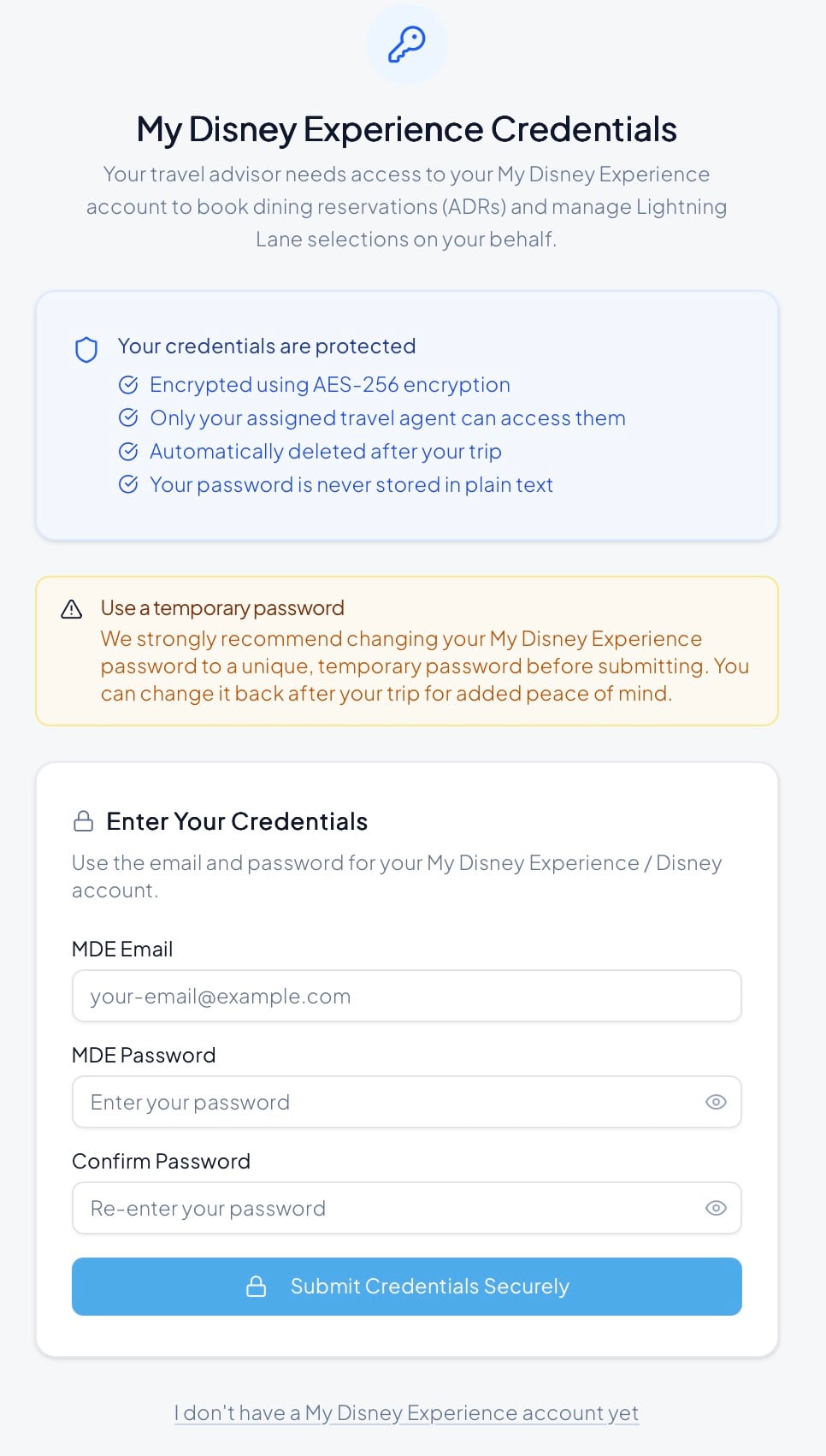 Secure My Disney Experience credential collection form with AES-256 encryption, showing email and password fields with security assurances