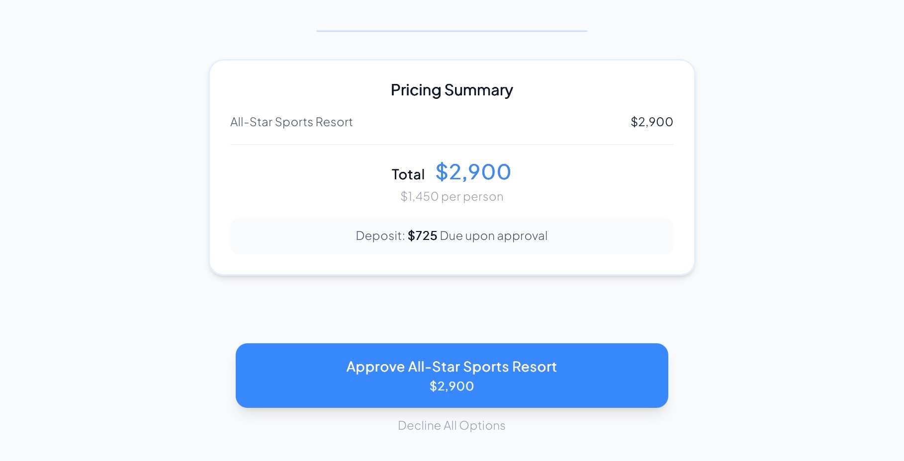 JourneyFuse proposal pricing summary with approve and pay button for a resort booking