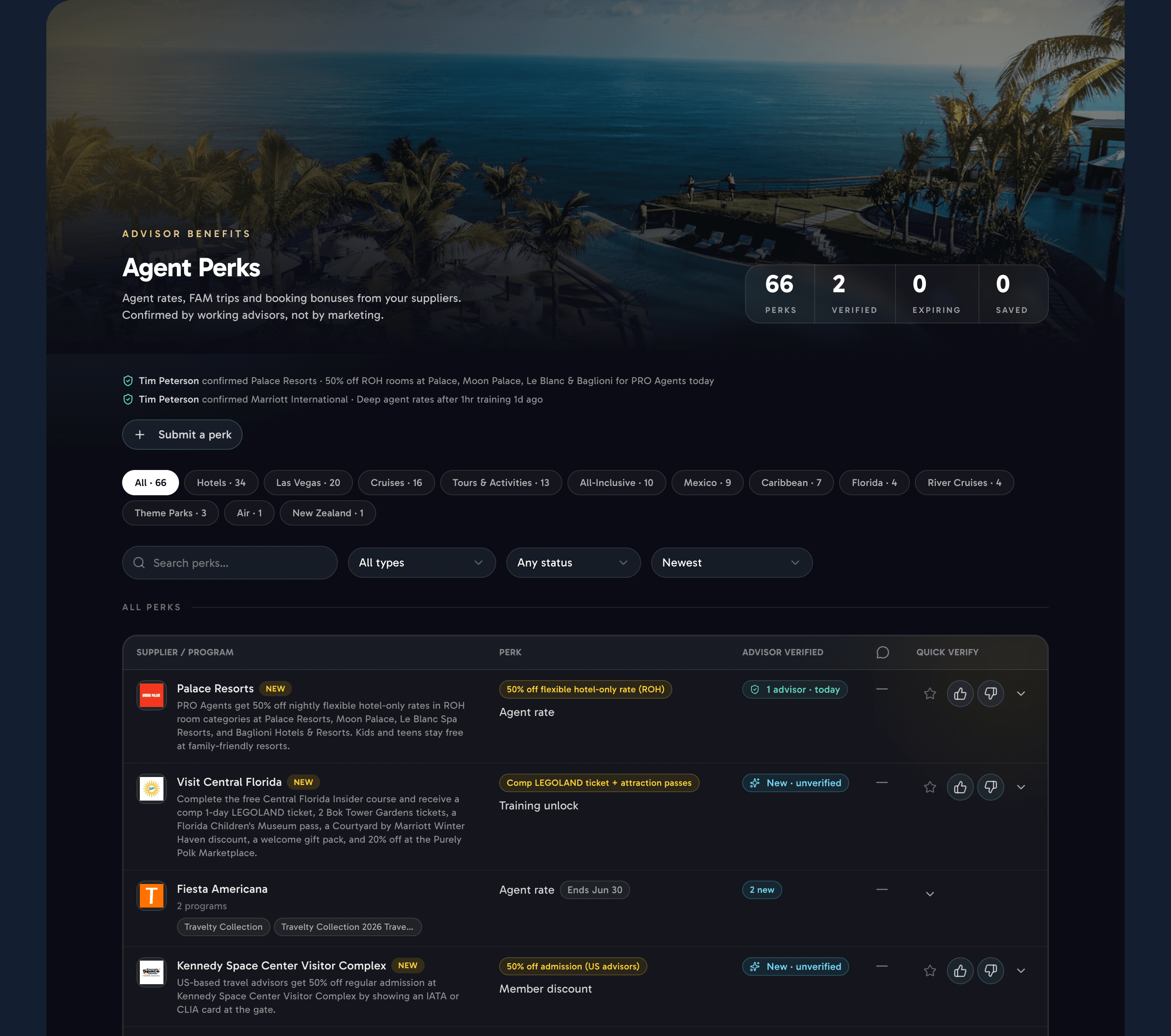Agent Perks database — verified supplier perks with category filters and advisor voting