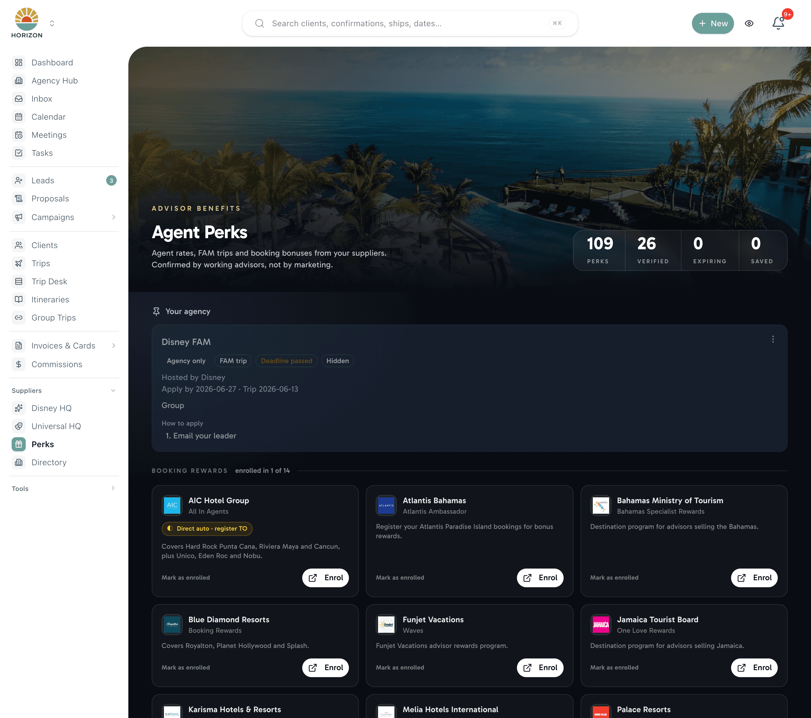 Agent Perks database — verified supplier perks with category filters and advisor voting