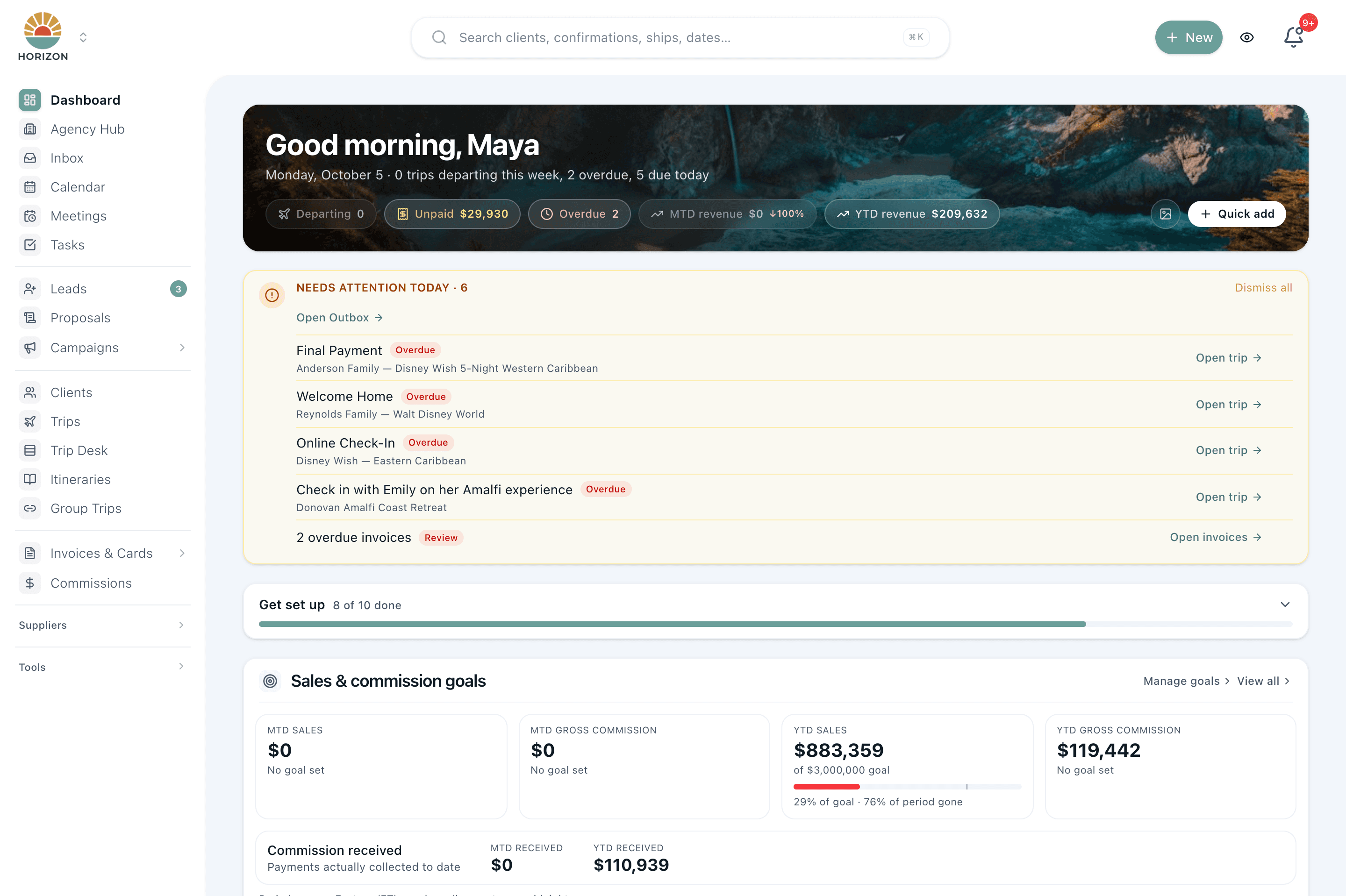 The JourneyFuse dashboard — leads, trips, proposals, and commissions in one place