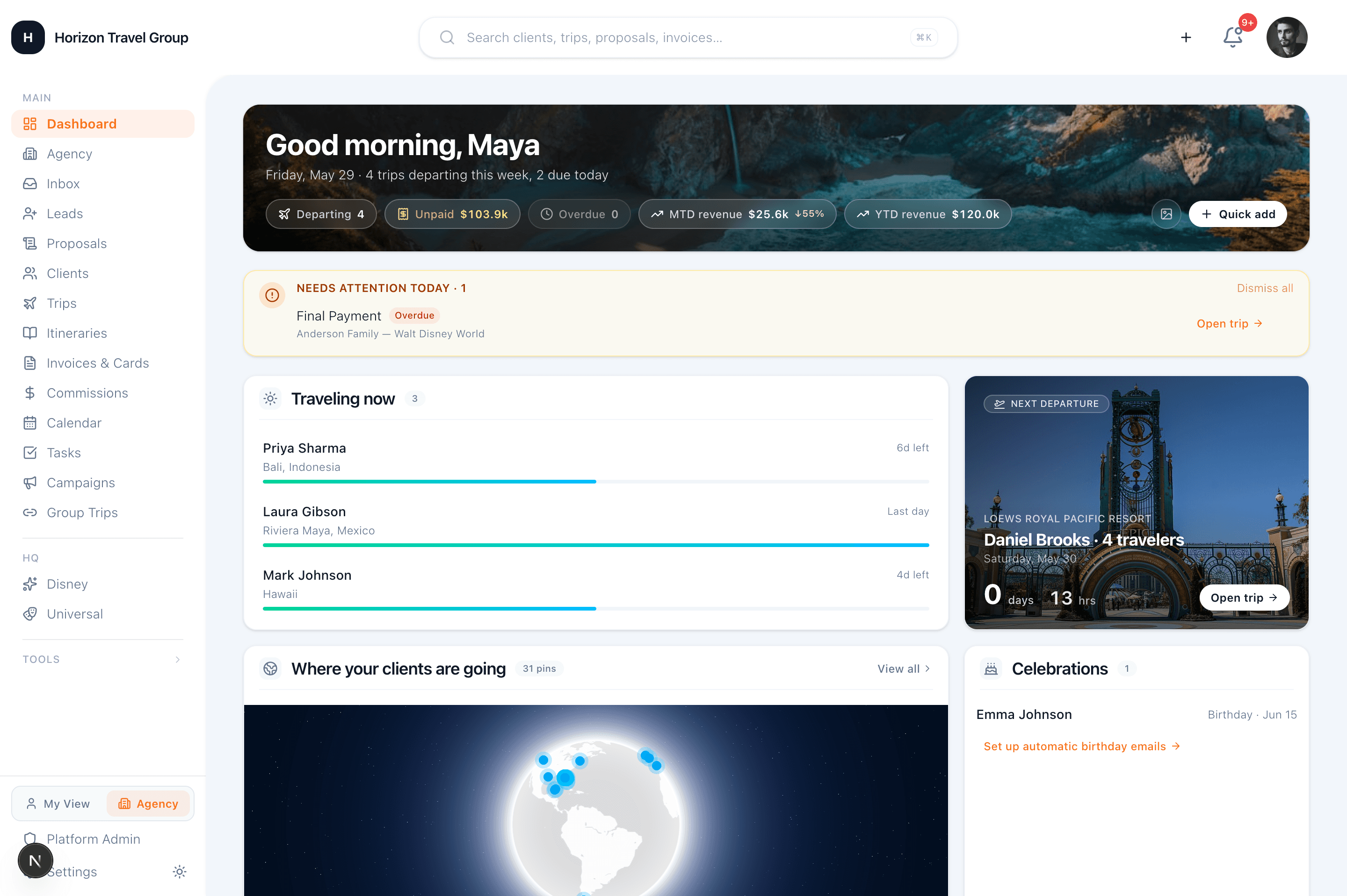 The JourneyFuse dashboard — leads, trips, proposals, and commissions in one place
