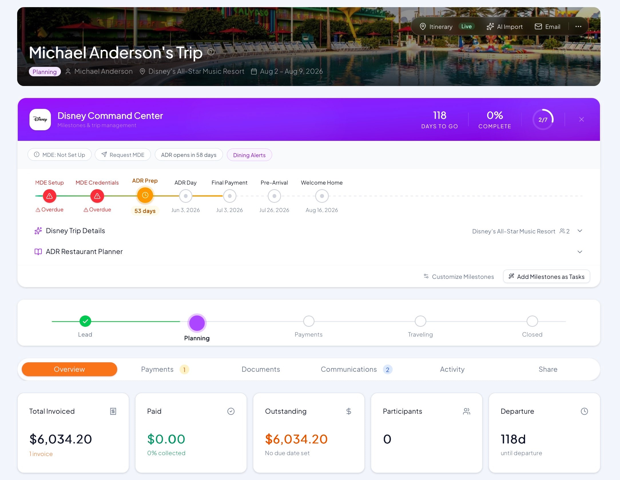 JourneyFuse trip dashboard showing Disney Command Center with milestone tracking, payment status, and booking details
