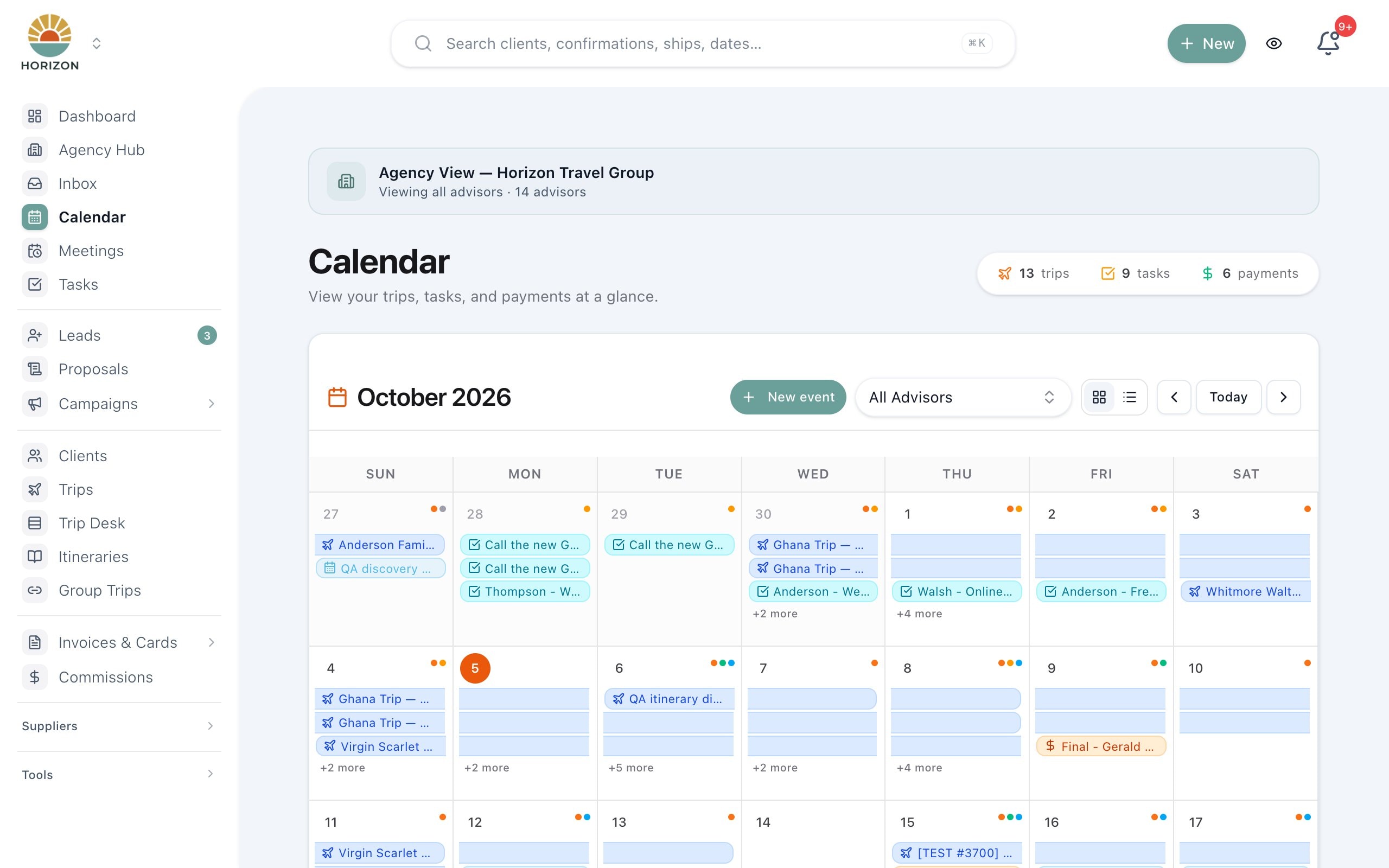 JourneyFuse calendar showing trips, tasks and payments across the month