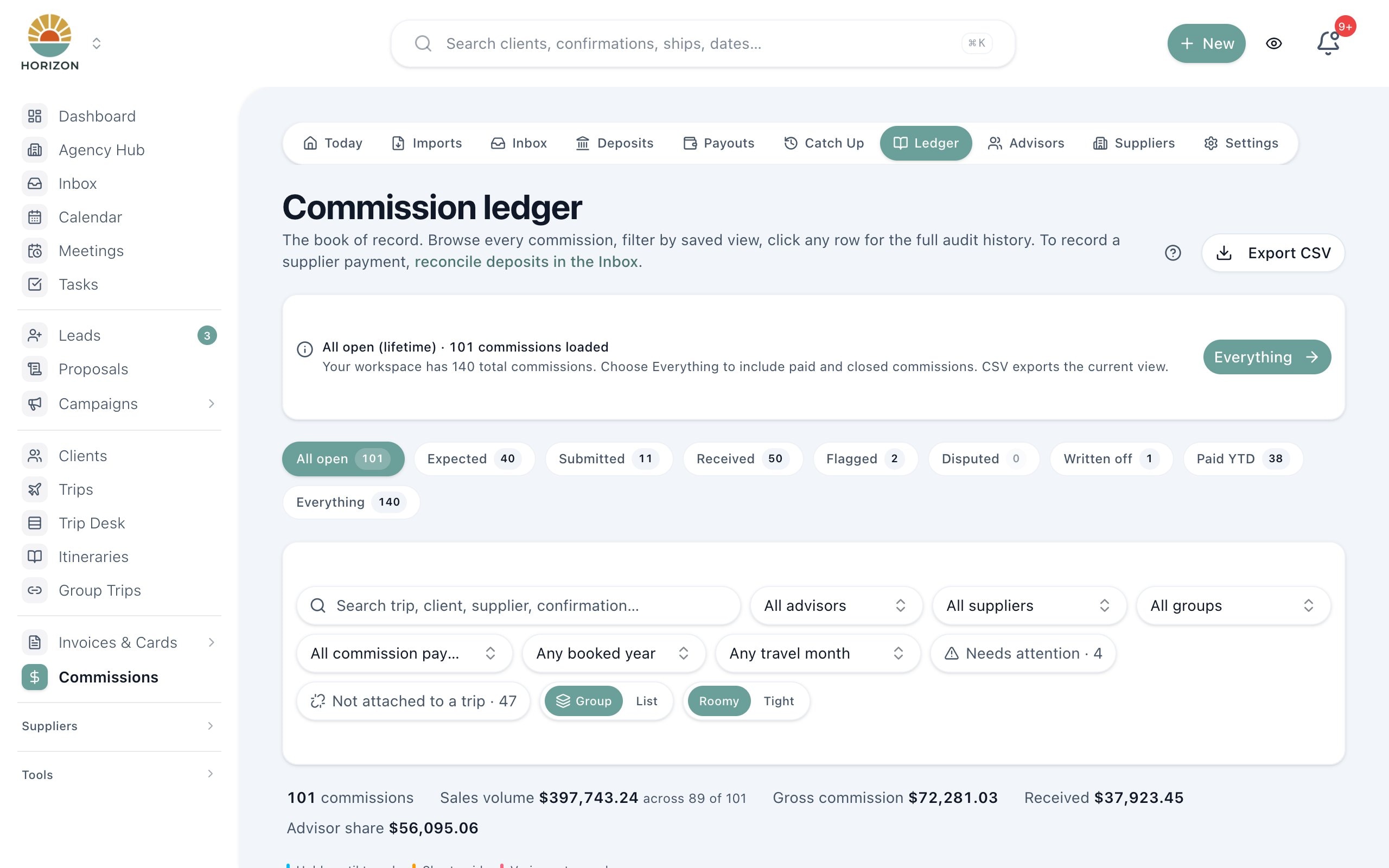 JourneyFuse commission ledger showing every commission by status, with advisor and supplier filters and totals