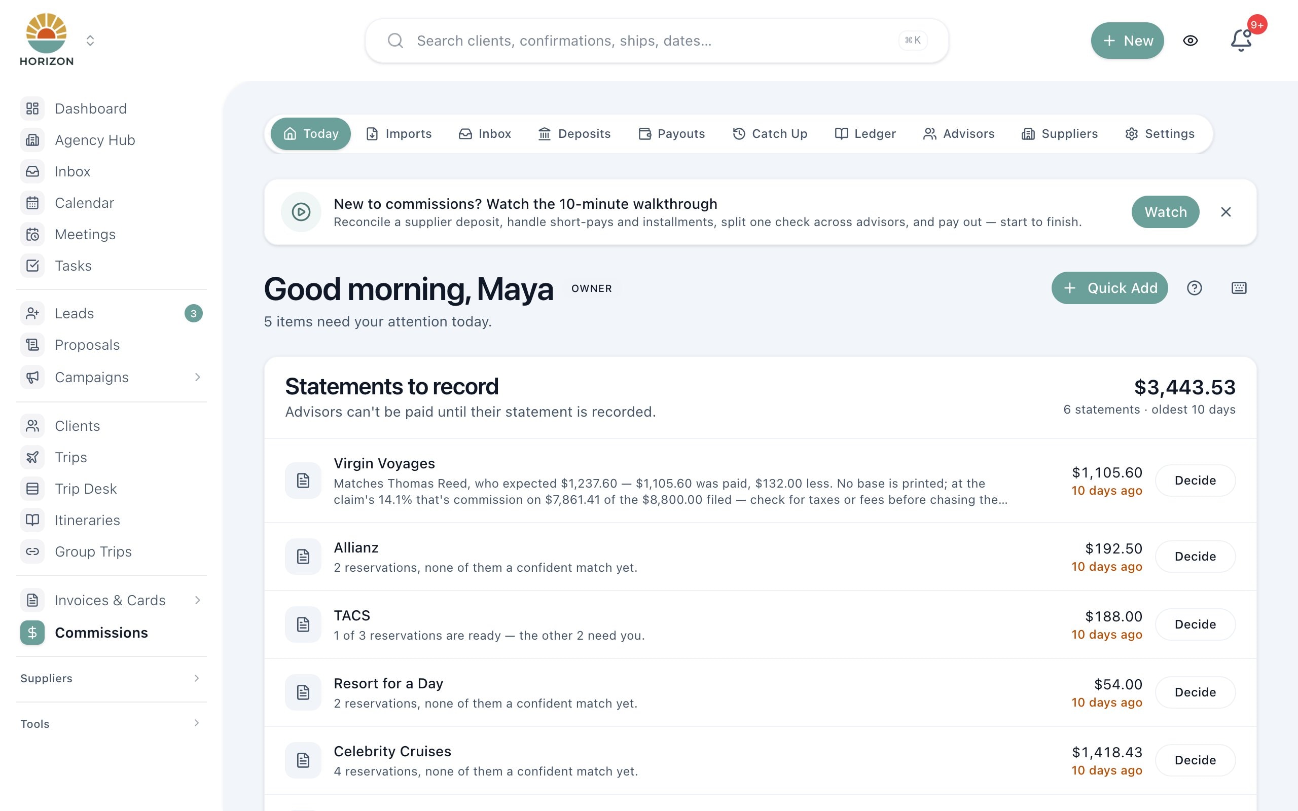 JourneyFuse commissions page showing supplier statements waiting to be recorded, with amounts and match status