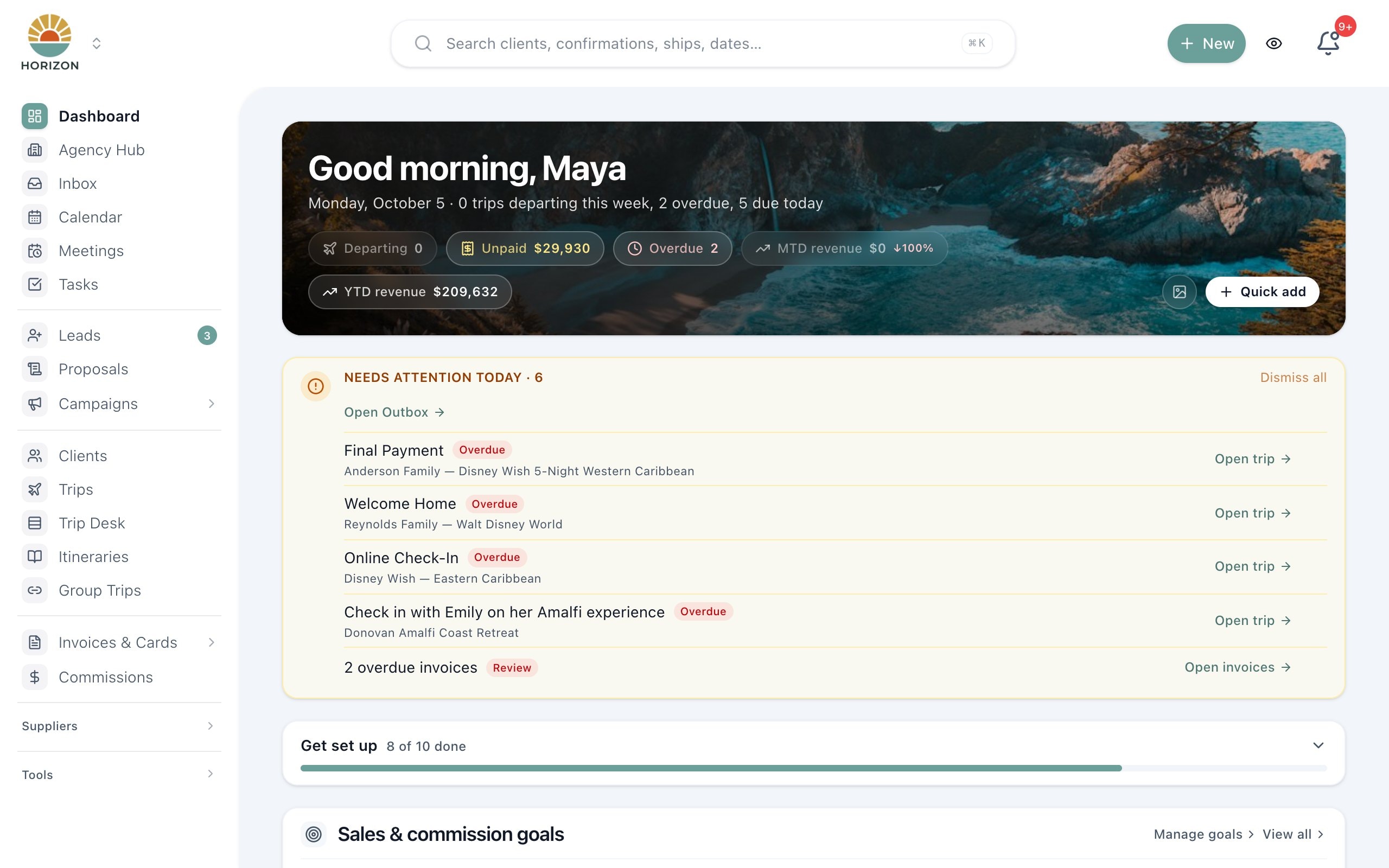 JourneyFuse dashboard showing what needs attention today, overdue items and sales and commission goals