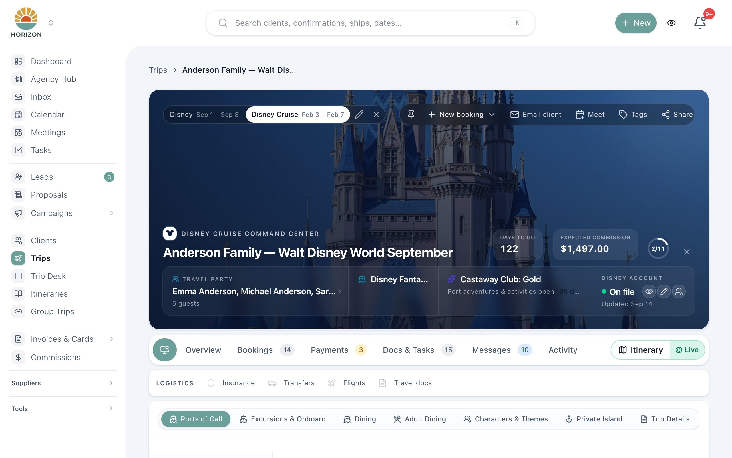 JourneyFuse command center for a Walt Disney World trip, showing the travel party, days to go, expected commission and planning tabs