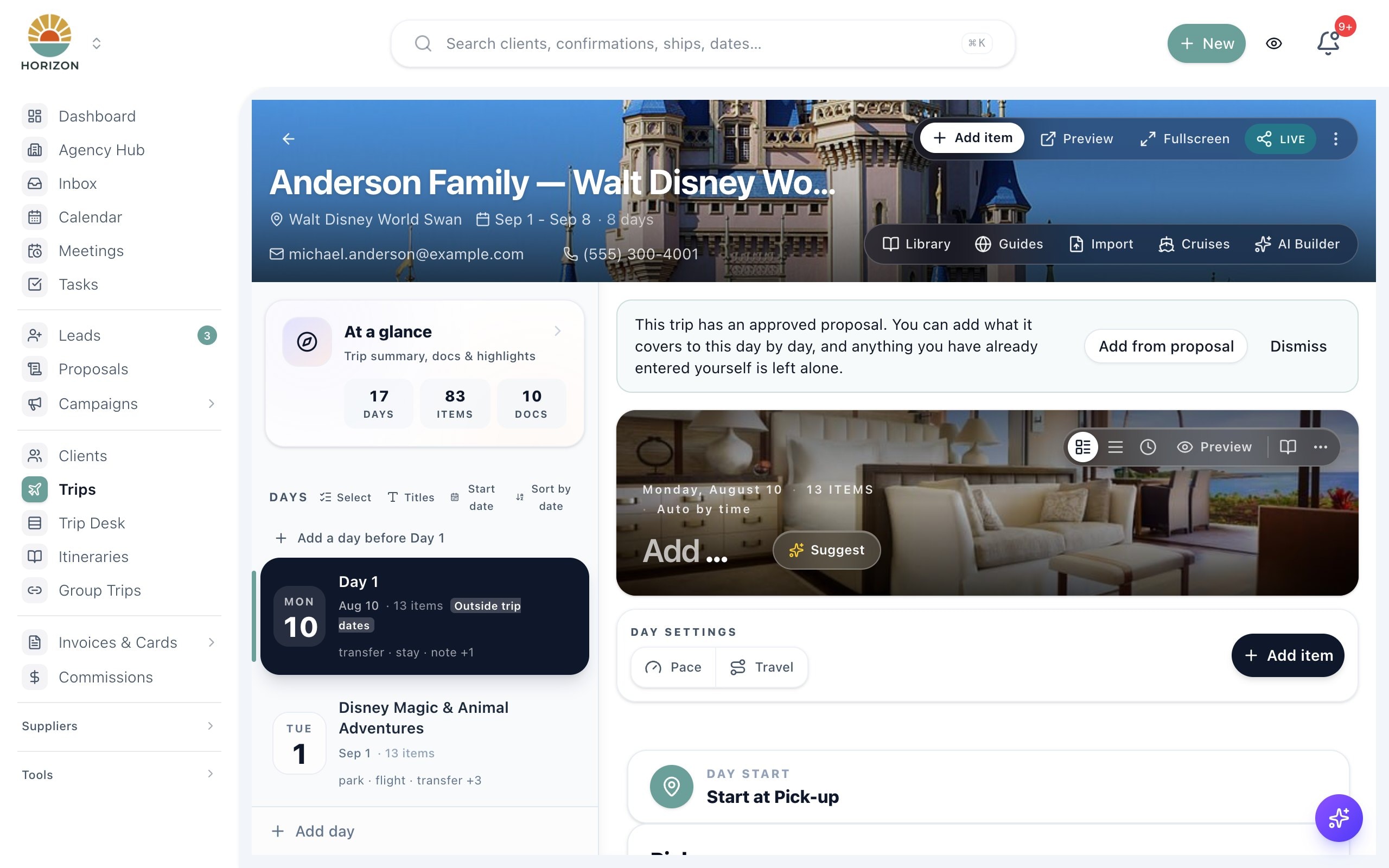 JourneyFuse itinerary builder showing the day-by-day sidebar, a day’s segments, and the library, guides and import tools