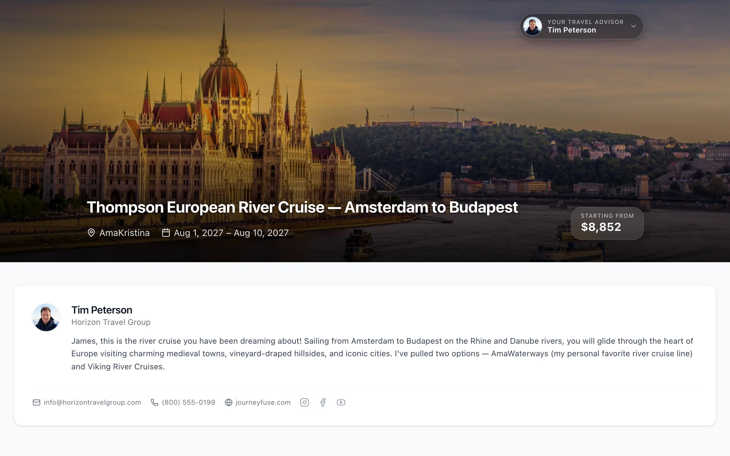 A JourneyFuse proposal as the client sees it, with a destination cover photo, the advisor’s note and the starting price