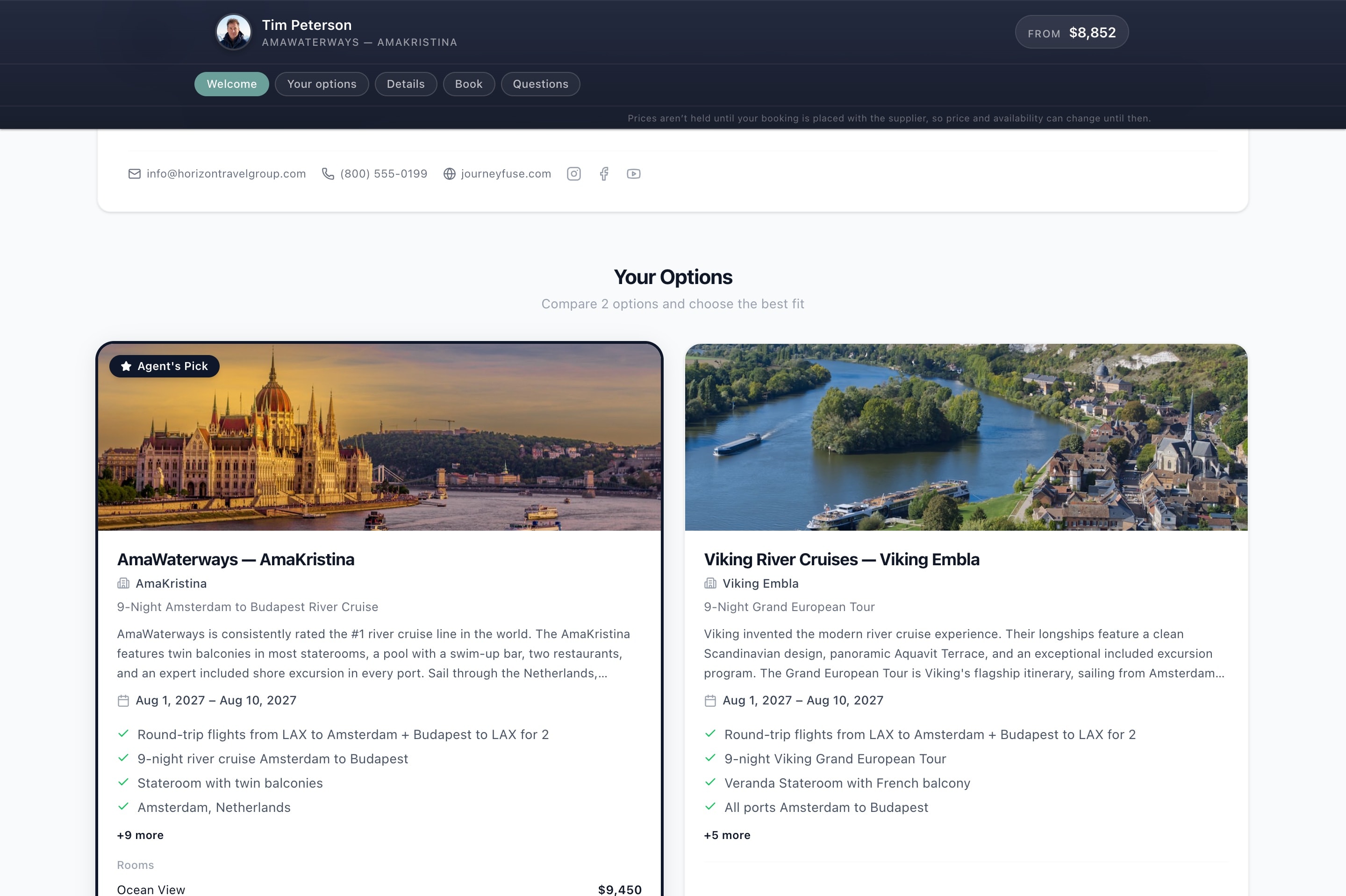 A JourneyFuse proposal showing two options side by side for the client to compare, each with its inclusions and price