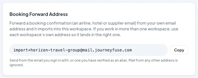 Settings, Email: the Booking Forward Address card with its Copy button
