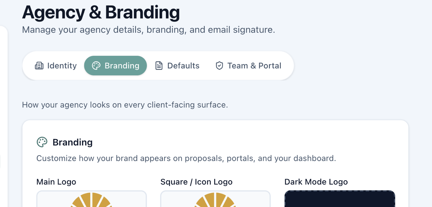 Agency & Branding Branding tab showing the main, square, and dark-mode logo areas