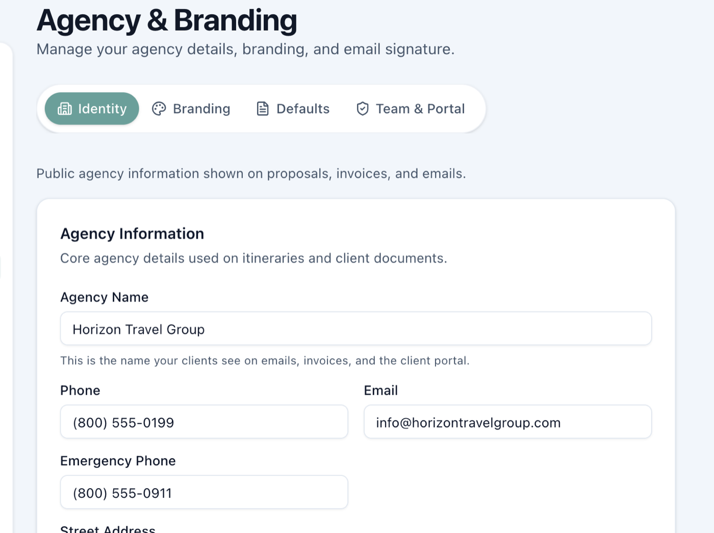 Agency & Branding Identity tab showing the agency name and public contact fields