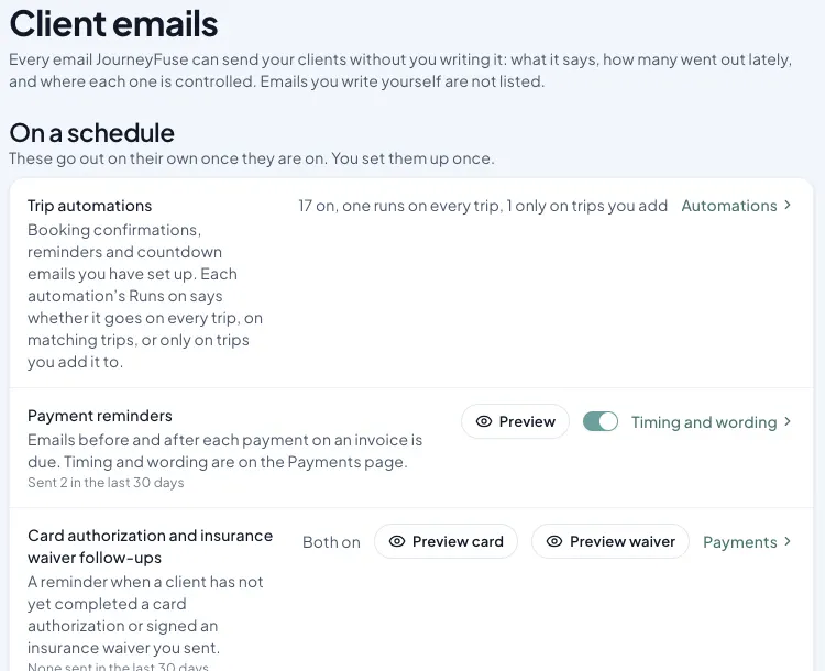 Settings, Client emails: the emails that go out on a schedule, each with Preview and where its wording is set