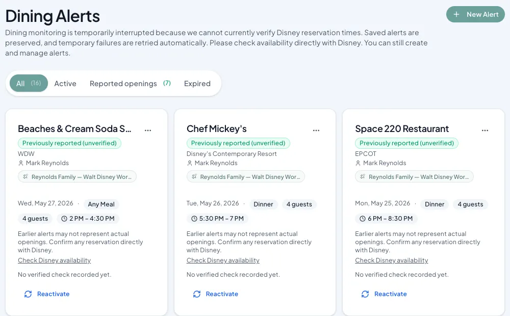 Dining Alerts: one card per restaurant with the date, meal, party size and time window, and New Alert