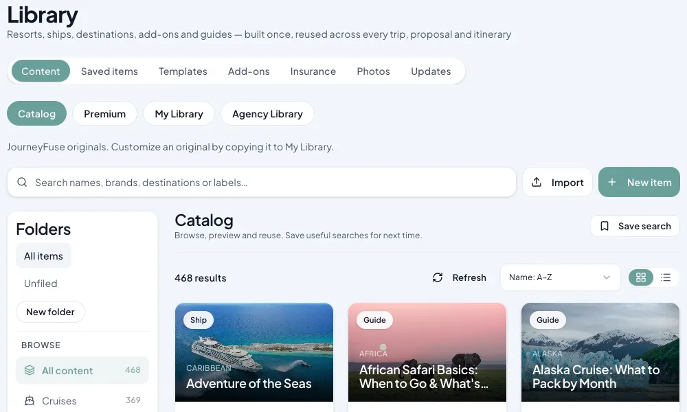 The Library: the Content, Saved items, Templates, Add-ons, Insurance, Photos and Updates tabs, folders on the left and catalog cards on the right
