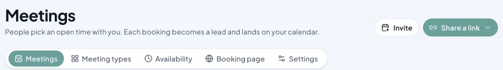 Meetings: Invite and Share a link, and the Meetings, Meeting types, Availability, Booking page and Settings tabs