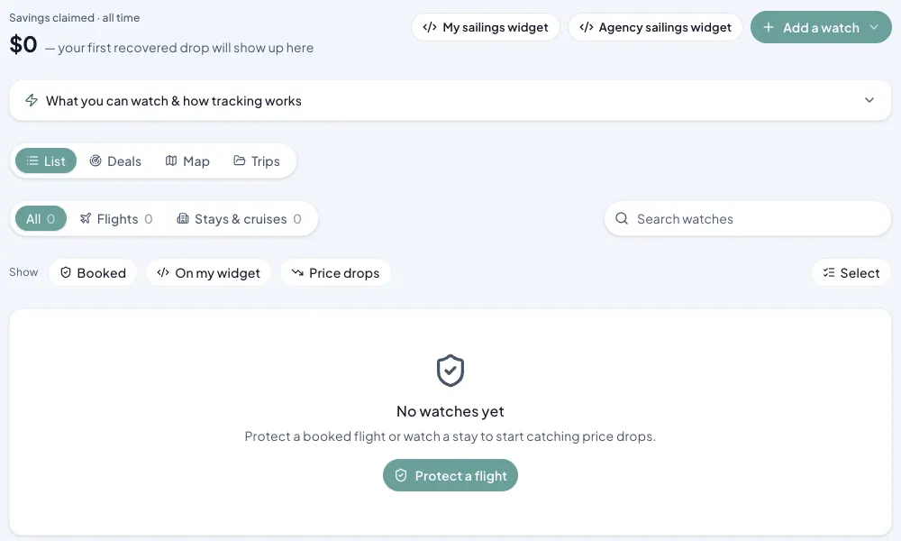 Watches: Add a watch, the List, Deals, Map and Trips views, and the Flights and Stays & cruises filters
