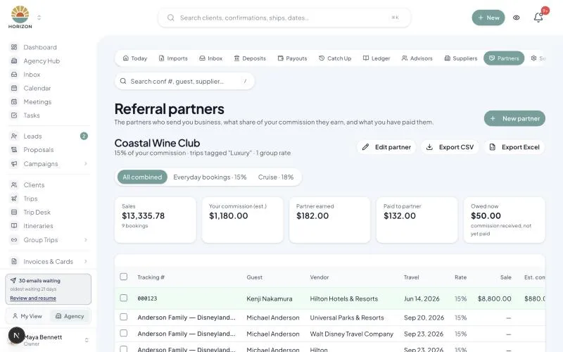 Commissions → Partners: a partner's tabs, totals and booking table, with a paid row in green