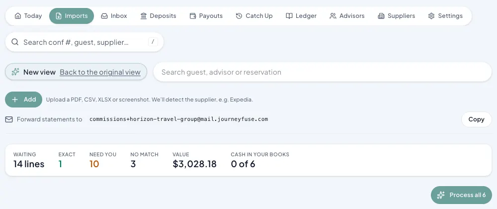 Commissions, Imports: the Add button, the forwarding address with Copy, and the waiting, exact, need-you and no-match counts