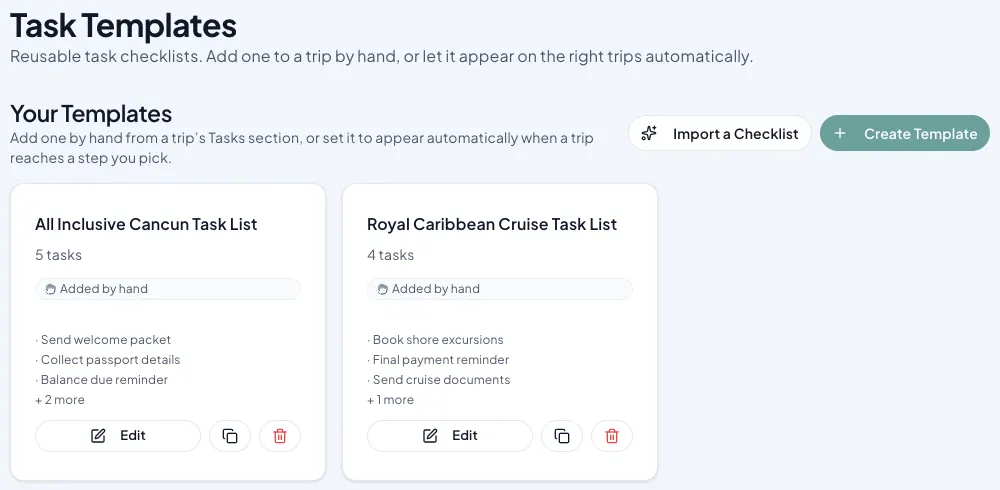 Task Templates: Import a Checklist, Create Template, and template cards listing their tasks