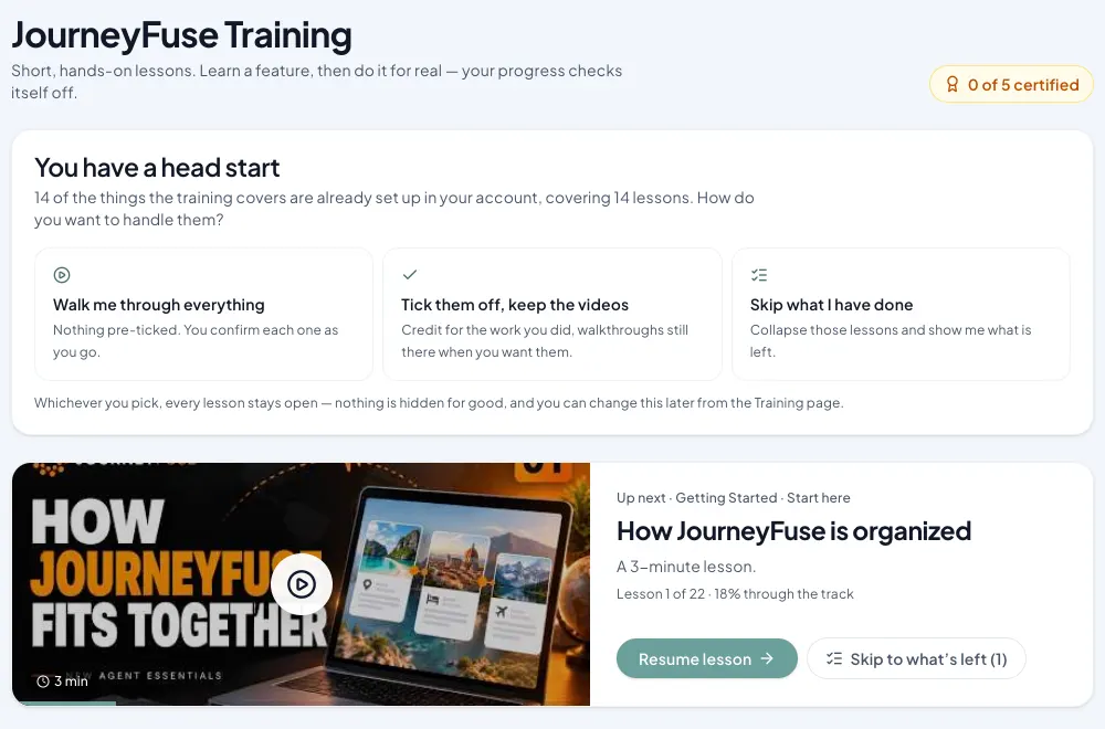 JourneyFuse Training: the head-start choices, the next lesson, and your quick wins, time to the next badge and team rank