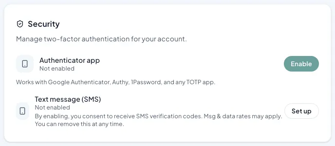 Settings, Profile: the two-factor authentication card